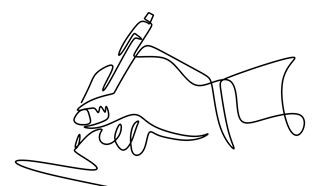 a drawing of a hand holding a pen, writing cursive
